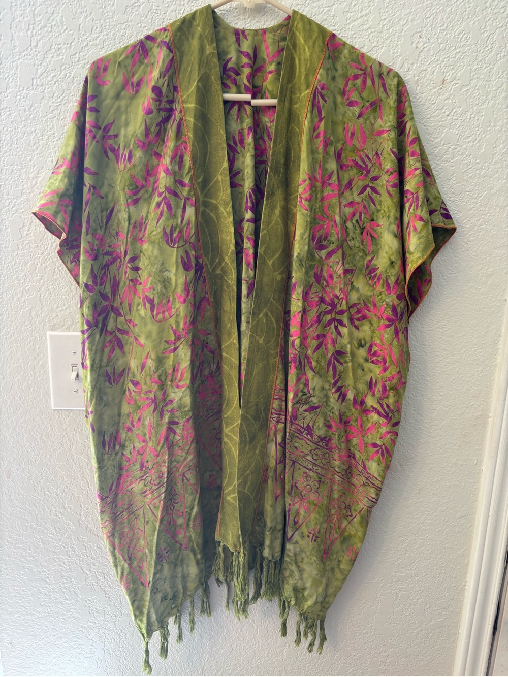 Green Floral Kimono Cover-Up with Pink Accents